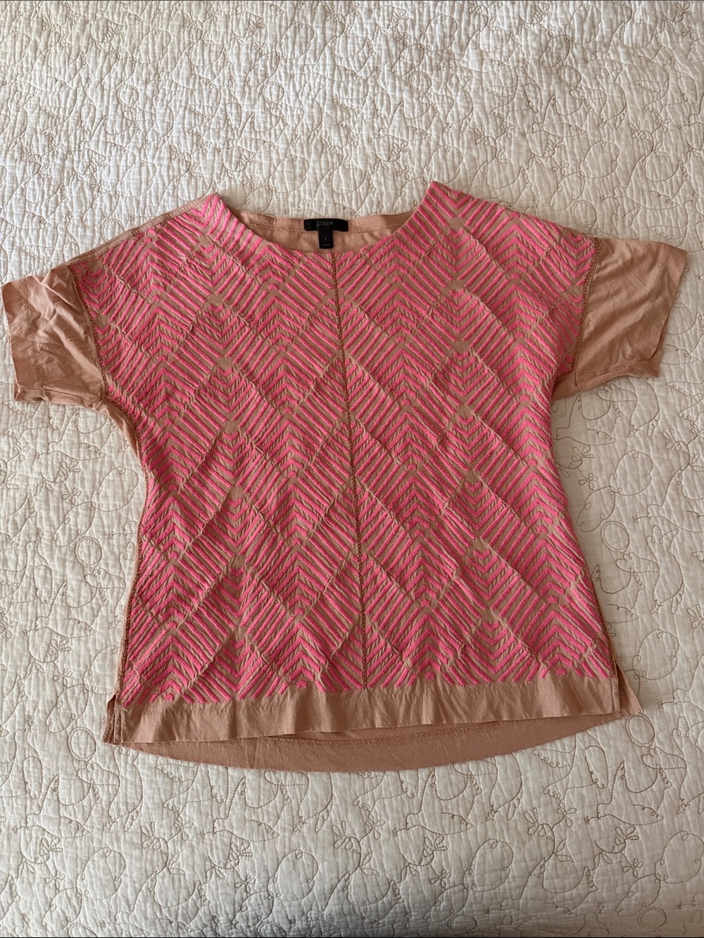 J.Crew Embroidered Woven Chevron Short Sleeve T-shirt Top Tee - Pink & Tan